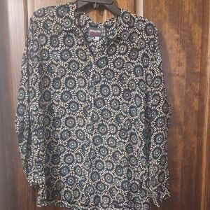 Johnny Was Navy and Cream Silk Floral Button Down Shirt